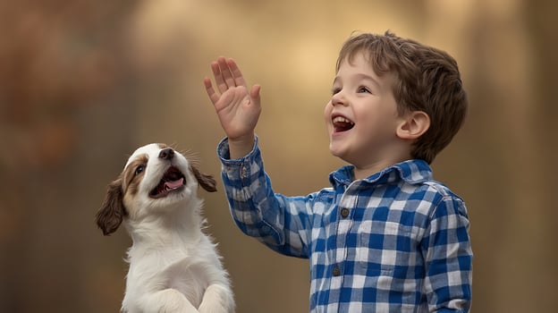 A joyful child waving at a playful puppy in a serene outdoor setting with blurred trees photo