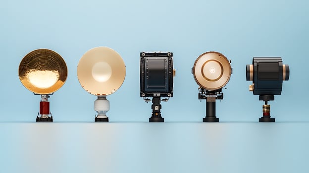 A lineup of vintage studio lights arranged on a light blue backdrop, showcasing different designs photo