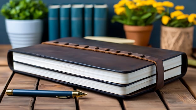 A leather-bound journal rests on a wooden table surrounded by potted flowers and books photo