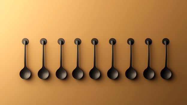 A minimalist arrangement of black spoons hanging on a warm-toned wall, ideal for kitchen decor photo