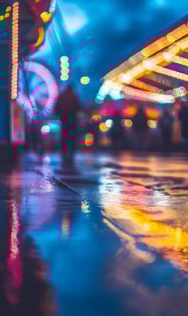 Mesmerizing reflections of carnival lights dancing on a wet city street at night photo