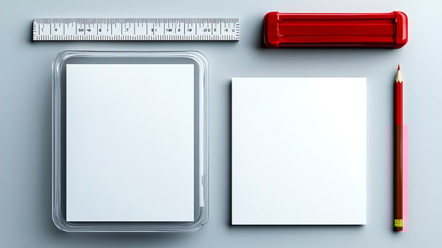 A minimalist workspace featuring blank sheets, a ruler, a stapler, and a pencil on a clean surface photo