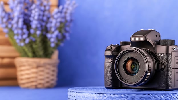 A modern camera positioned on a blue surface with a floral arrangement in the background photo