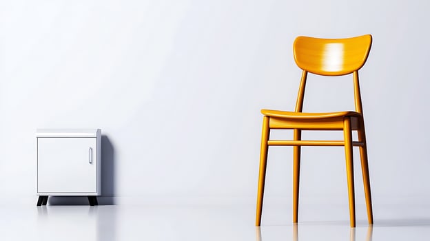 A modern, minimalist room featuring a vibrant yellow chair beside a sleek white cabinet photo