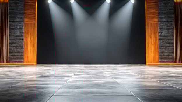 A modern stage setting with spotlight illumination, wooden accents, and a polished floor photo