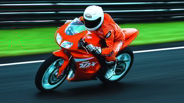A motorcyclist in vibrant red gear speeds around a racetrack, showcasing thrilling action photo