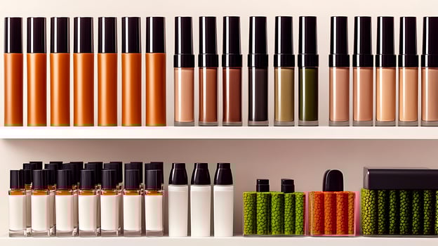 A neatly arranged display of cosmetic products on shelves, showcasing various colors and sizes photo