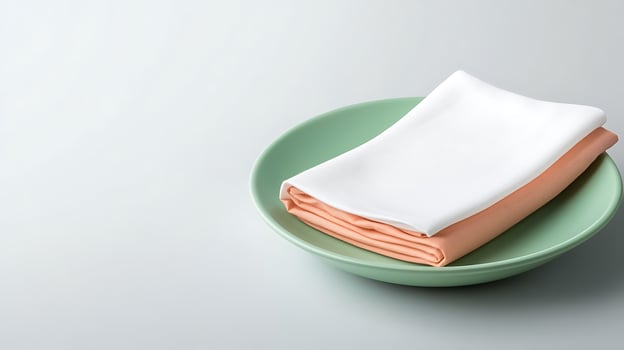 A neatly arranged set of folded napkins on a pastel green plate against a soft background photo