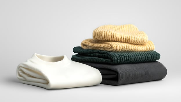 A neatly stacked arrangement of folded sweaters in various colors on a minimalist background photo