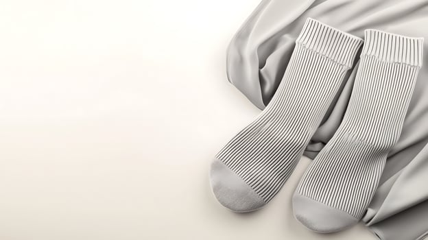 A pair of light gray ribbed socks resting on a soft, neutral fabric background, ideal for fashion photo