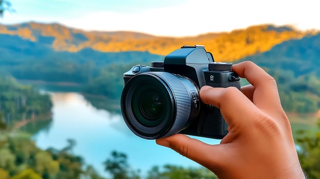 A person capturing a scenic landscape with a camera, showcasing nature's beauty at sunset photo