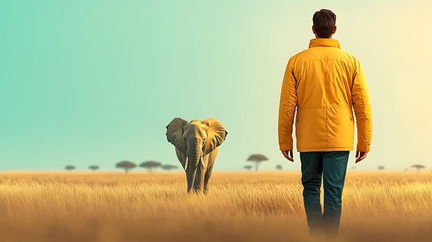 A person in a yellow jacket stands in a vast savannah, observing an elephant under a serene sky photo
