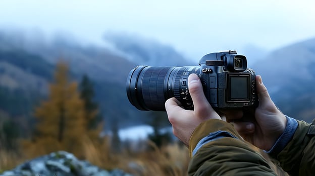 A photographer capturing a scenic landscape with mountains and trees in the background photo