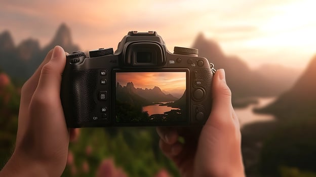 A photographer capturing a stunning sunset landscape with mountains and a river in the background photo