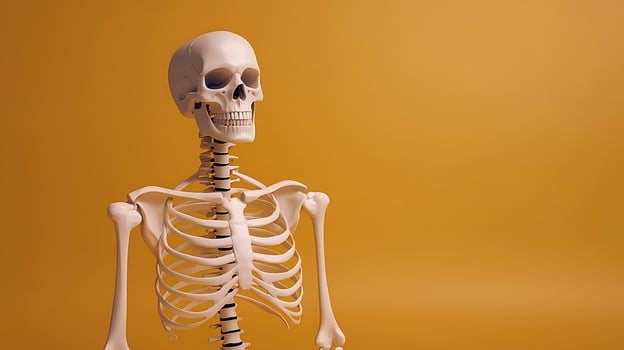 A realistic skeleton model positioned against a vibrant orange background, showcasing anatomy photo