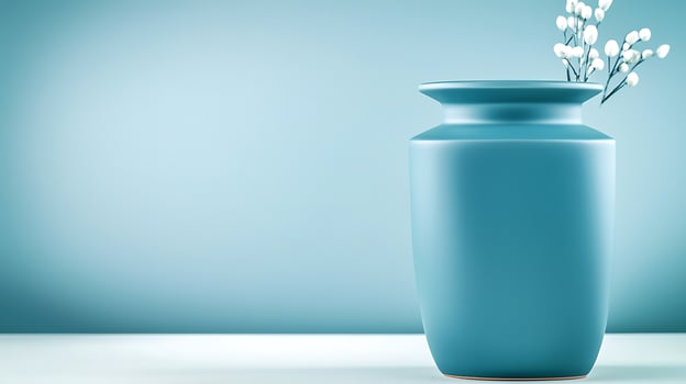 A serene blue vase adorned with delicate flowers, set against a calm, minimalist background photo