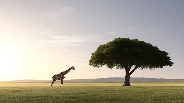 A serene landscape featuring a giraffe standing gracefully beside a large tree at sunset photo