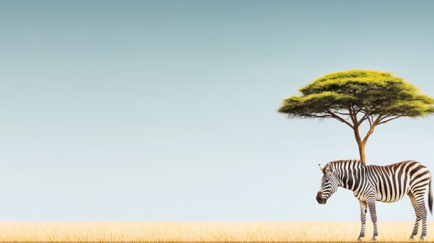 A serene landscape featuring a zebra grazing under a lone acacia tree in a golden savanna photo