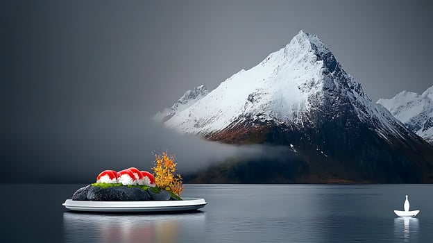 A serene landscape featuring a sushi platter on a calm lake with snow-capped mountains in the background photo