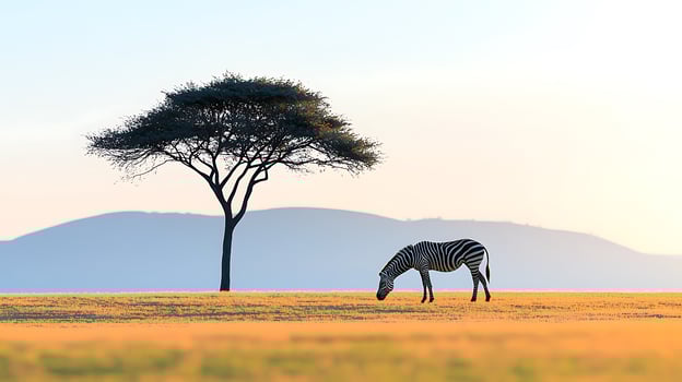 A serene landscape featuring a zebra grazing under a solitary tree at sunset, with mountains in the background photo