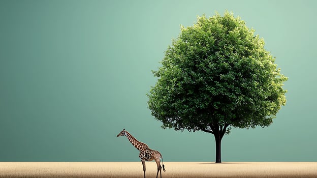 A serene landscape featuring a giraffe standing beside a large tree against a minimalist backdrop photo