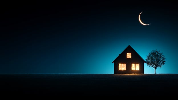 A serene night scene featuring a cozy house illuminated by warm lights under a crescent moon photo