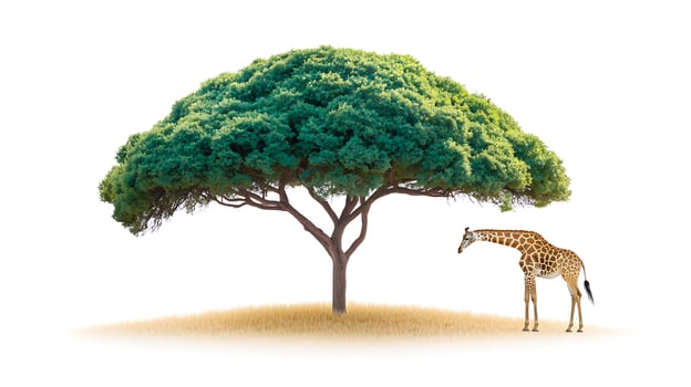 A serene scene featuring a giraffe standing beneath a lush green tree in a tranquil environment photo