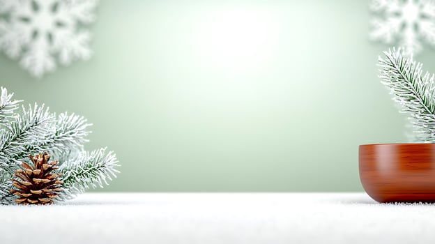 A serene winter scene featuring a wooden bowl, pinecones, and frosted greenery on a snowy surface photo