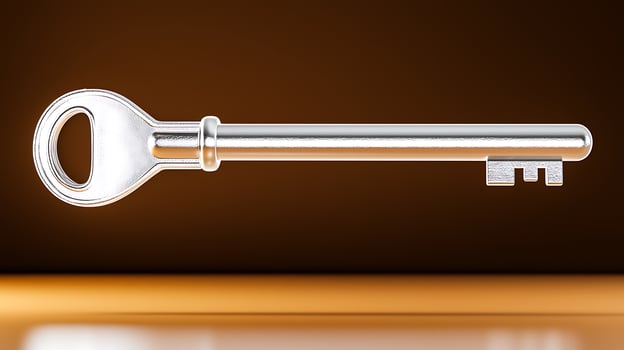 A shiny silver key positioned centrally against a warm gradient background, symbolizing access photo