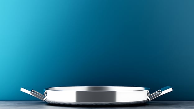 A shiny stainless steel pan on a smooth surface against a gradient blue background photo