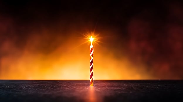 A single lit birthday candle on a dark table with a vibrant orange and red smoky background photo