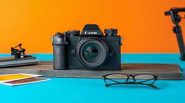 A sleek black camera positioned on a vibrant blue surface with colorful accessories nearby photo