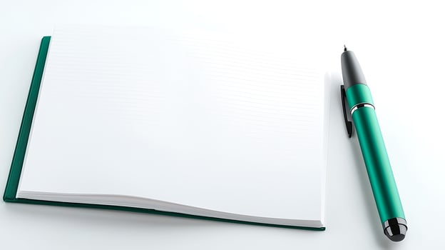 A sleek green pen resting beside an open blank notebook on a minimalist white surface photo