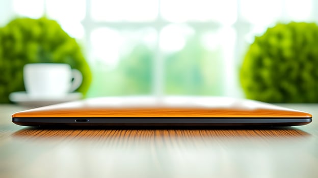 A sleek laptop rests on a wooden table, with a coffee cup and greenery in the background photo