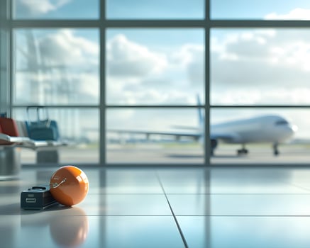 Airport Terminal Floor with Orange Sphere and Suitcase photo