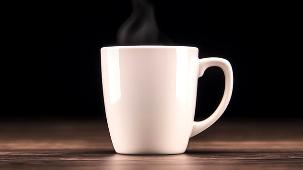 A steaming white coffee mug placed on a wooden table against a dark background, evoking warmth photo