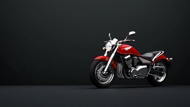 A striking red motorcycle displayed against a dark backdrop, showcasing its sleek design and chrome accents photo