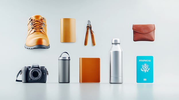 A stylish arrangement of everyday items including a boot, camera, and accessories on a clean surface photo