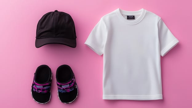 A stylish black cap, white t-shirt, and colorful sandals arranged on a pink background photo