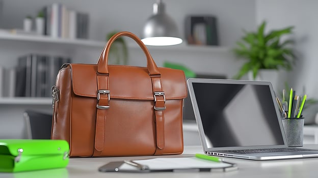 A stylish brown leather briefcase on a modern desk with a laptop, stationery, and plants photo