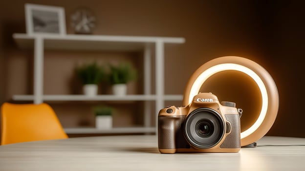 A stylish camera on a table illuminated by a ring light, with a modern background featuring plants photo