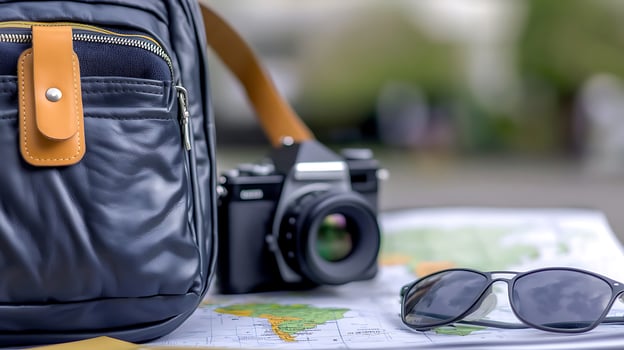 A stylish camera bag and sunglasses resting on a travel map in a vibrant outdoor setting photo