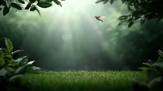 A tranquil forest scene with sunlight filtering through leaves, showcasing a bird in flight photo