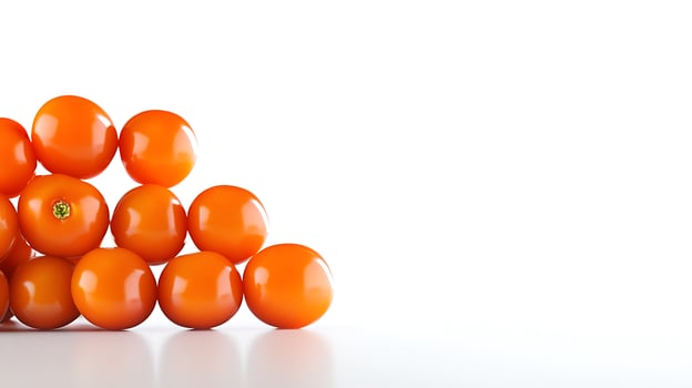 A vibrant arrangement of fresh orange tomatoes stacked on a clean white surface photo