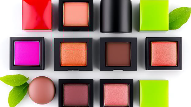 A vibrant arrangement of colorful makeup products displayed on a clean surface with greenery photo