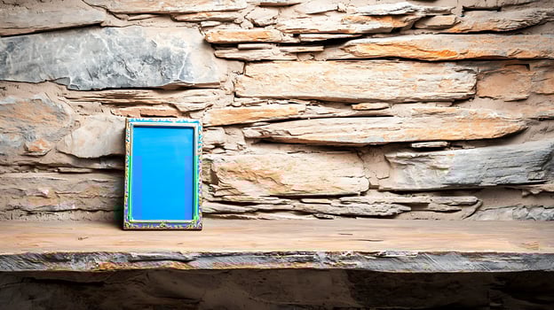 A vibrant blue picture frame rests on a rustic stone shelf against a textured wall photo