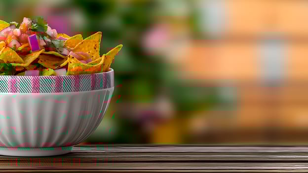 A vibrant bowl of nachos topped with fresh salsa and herbs, set against a blurred garden background photo