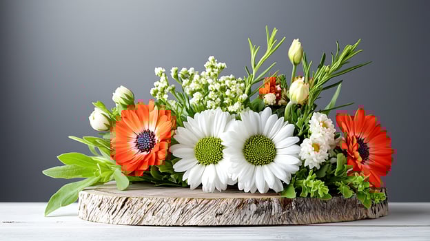 A vibrant floral arrangement featuring daisies and gerberas on a rustic wooden base, with a neutral background photo