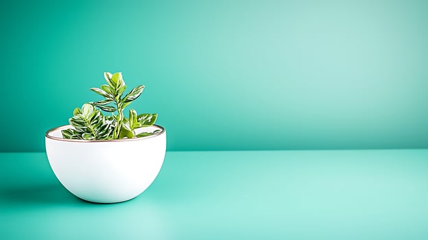 A vibrant green plant in a modern white pot against a serene turquoise background photo
