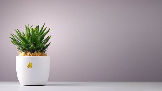 A vibrant green succulent in a modern white pot, placed on a minimalist tabletop with a soft background photo